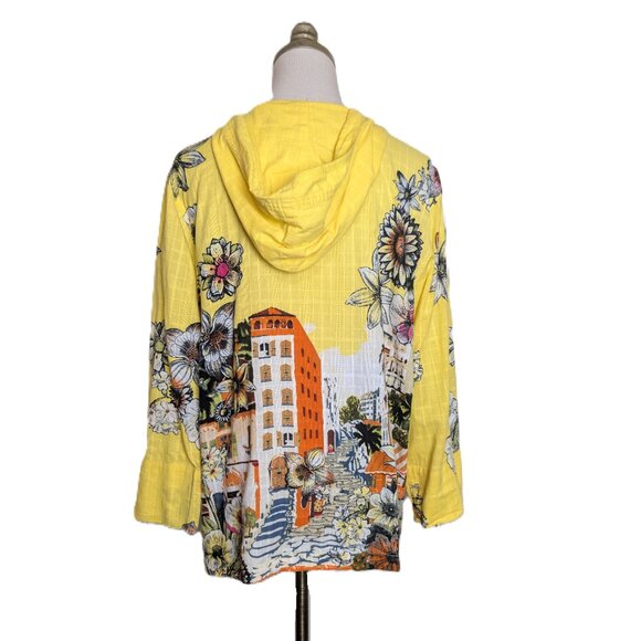Chicos Pullover Hoodie Women's Size XL 3 Yellow Floral Cityscape Cotton Beach - Picture 5 of 6